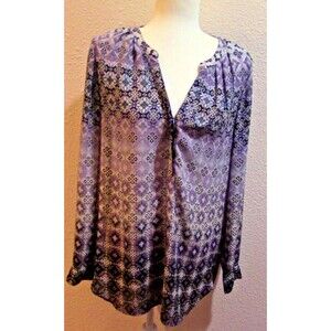 Roz & Ali Purple & White Long-sleeved Geometric Sheer Popover Blouse Top XL